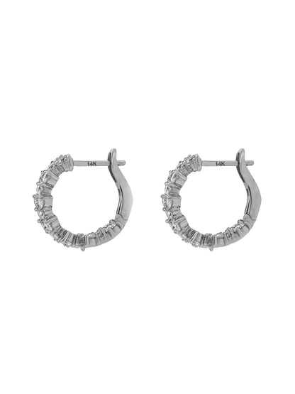 14k White Gold Diamond Double Row Triangle Small Hoop Earrings