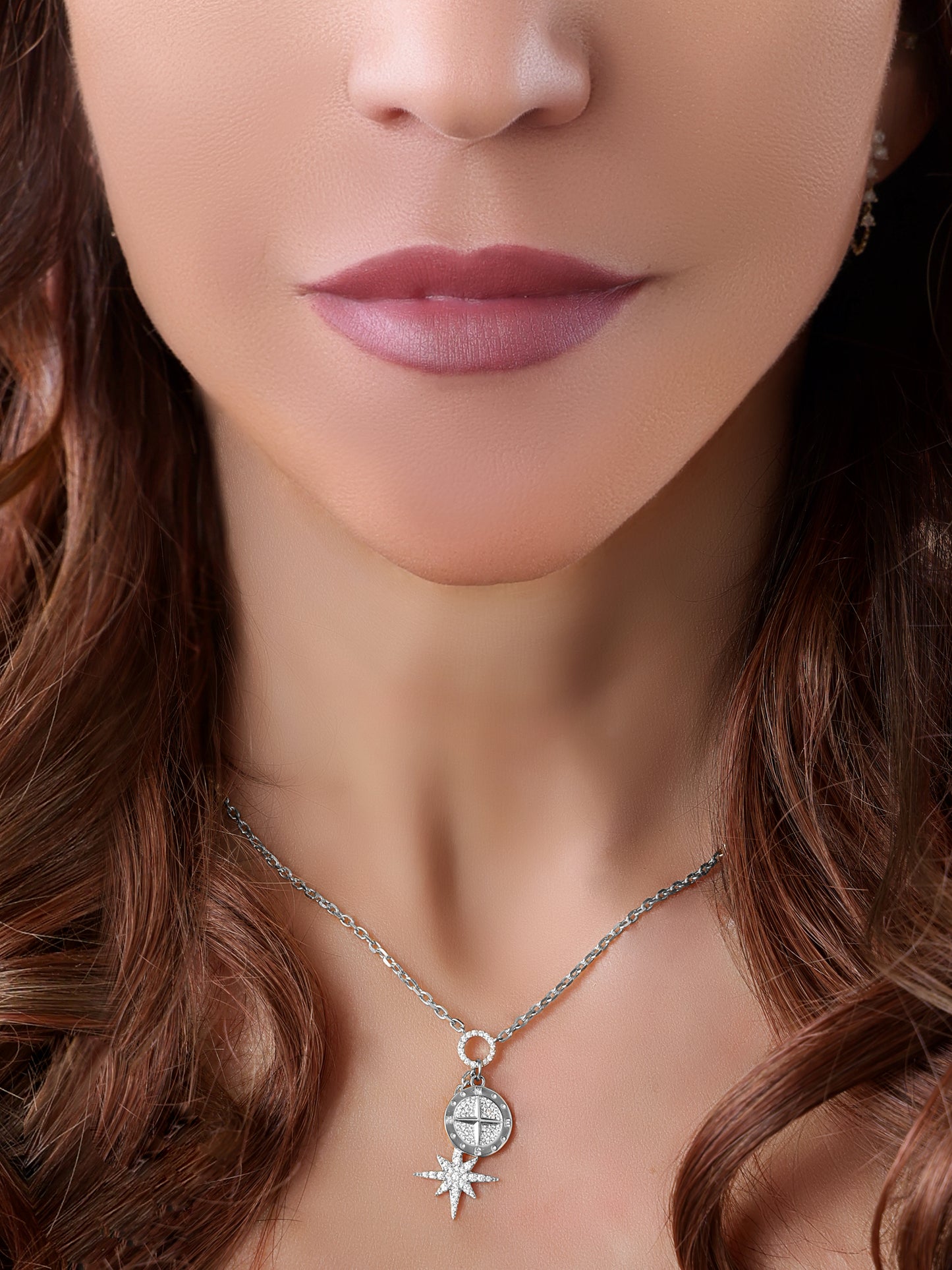 14k White Gold Diamond Compass North Star Charm Necklace