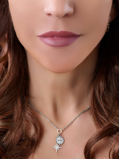 14k White Gold Diamond Compass North Star Charm Necklace