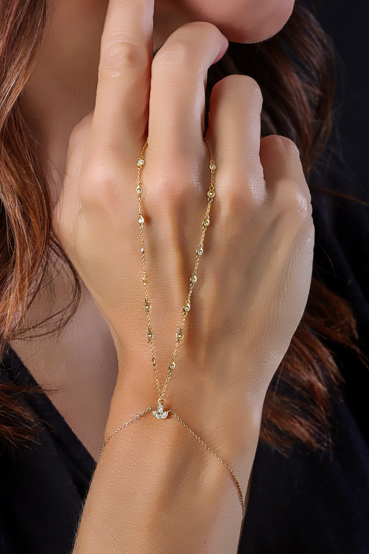 14k Yellow Gold Diamond Bezel Hand Chain