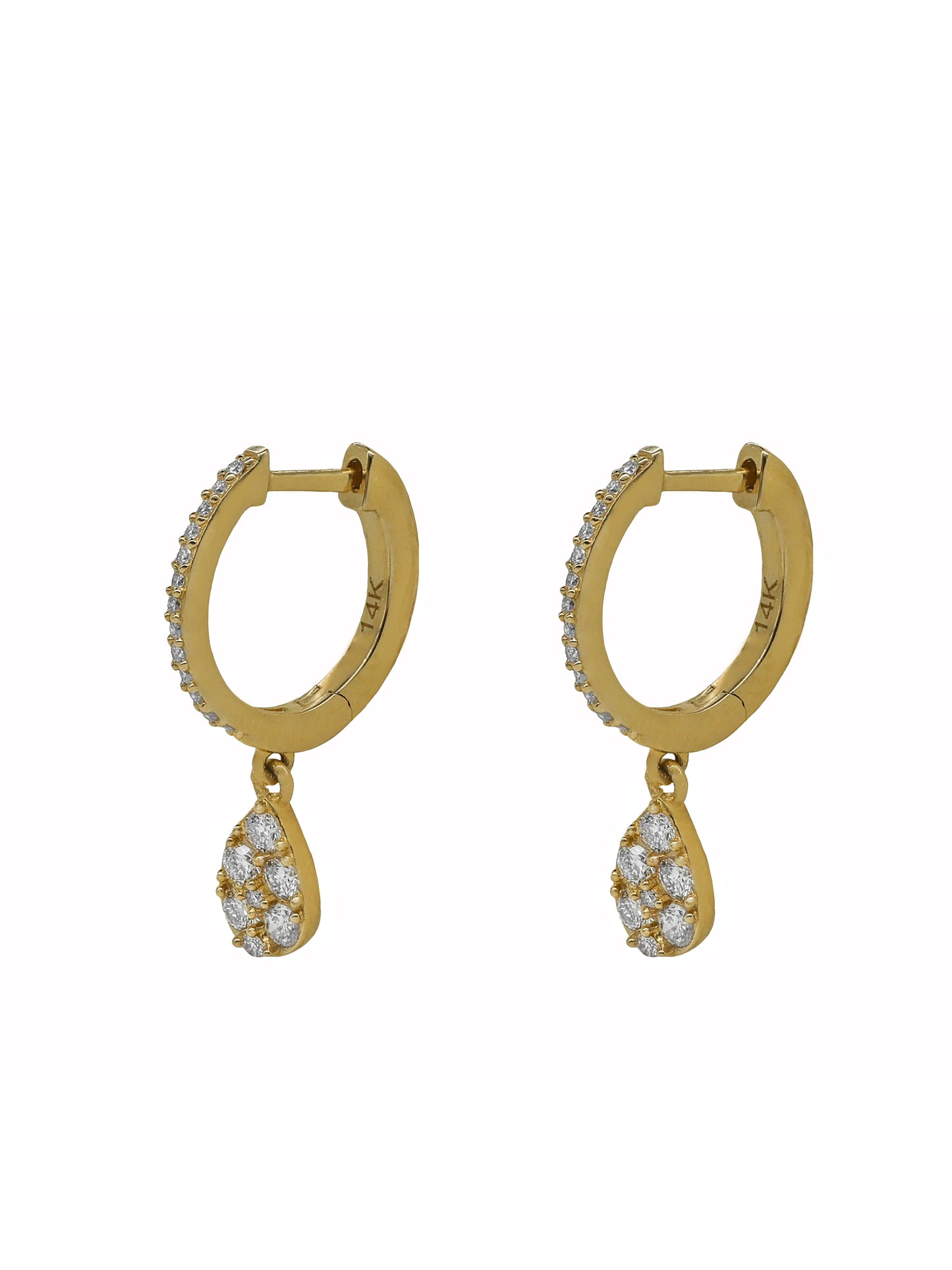 14k Yellow Gold Diamond Pear Dangle Huggie Earrings
