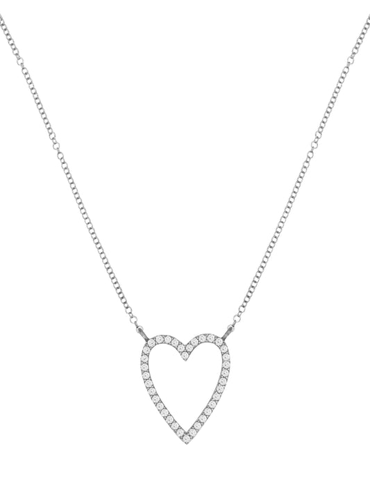 14k White Gold Diamond Small Open Heart Necklace