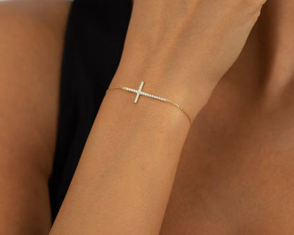 14k Yellow Gold Diamond Large Cross Bracelet