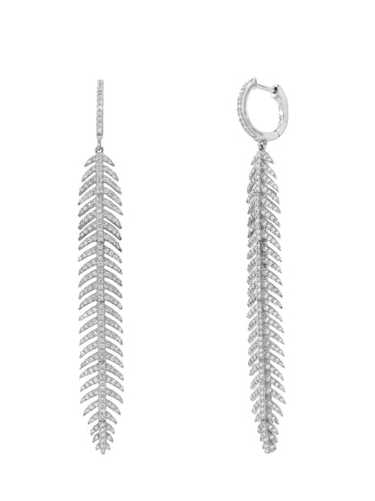 14k White Gold Diamond Feather Earrings