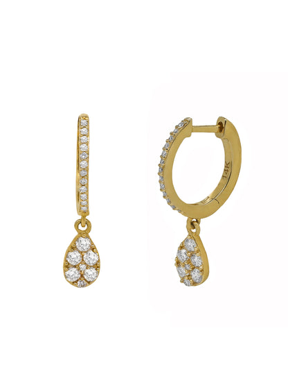 14k Yellow Gold Diamond Pear Dangle Huggie Earrings