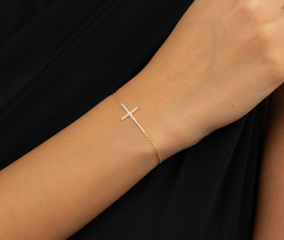 14k Yellow Gold Diamond Large Cross Bracelet