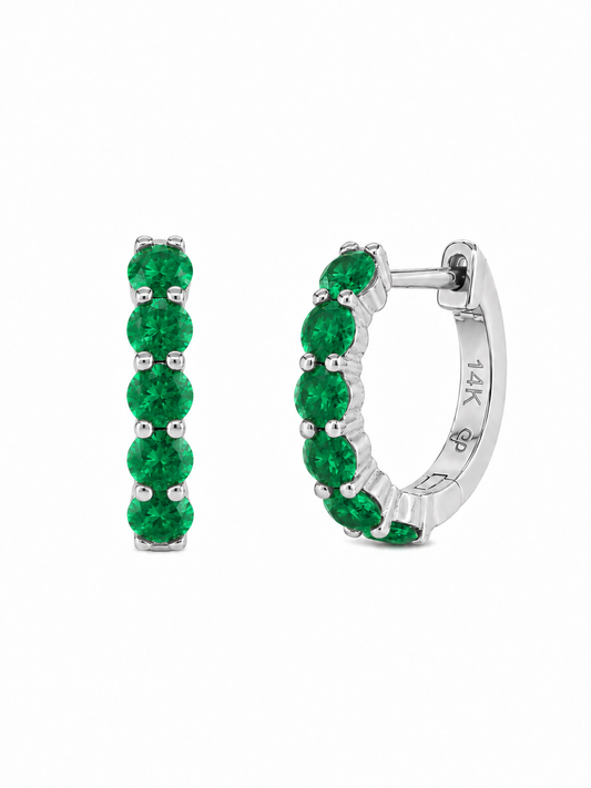 14k White Gold Lab Emerald Huggies