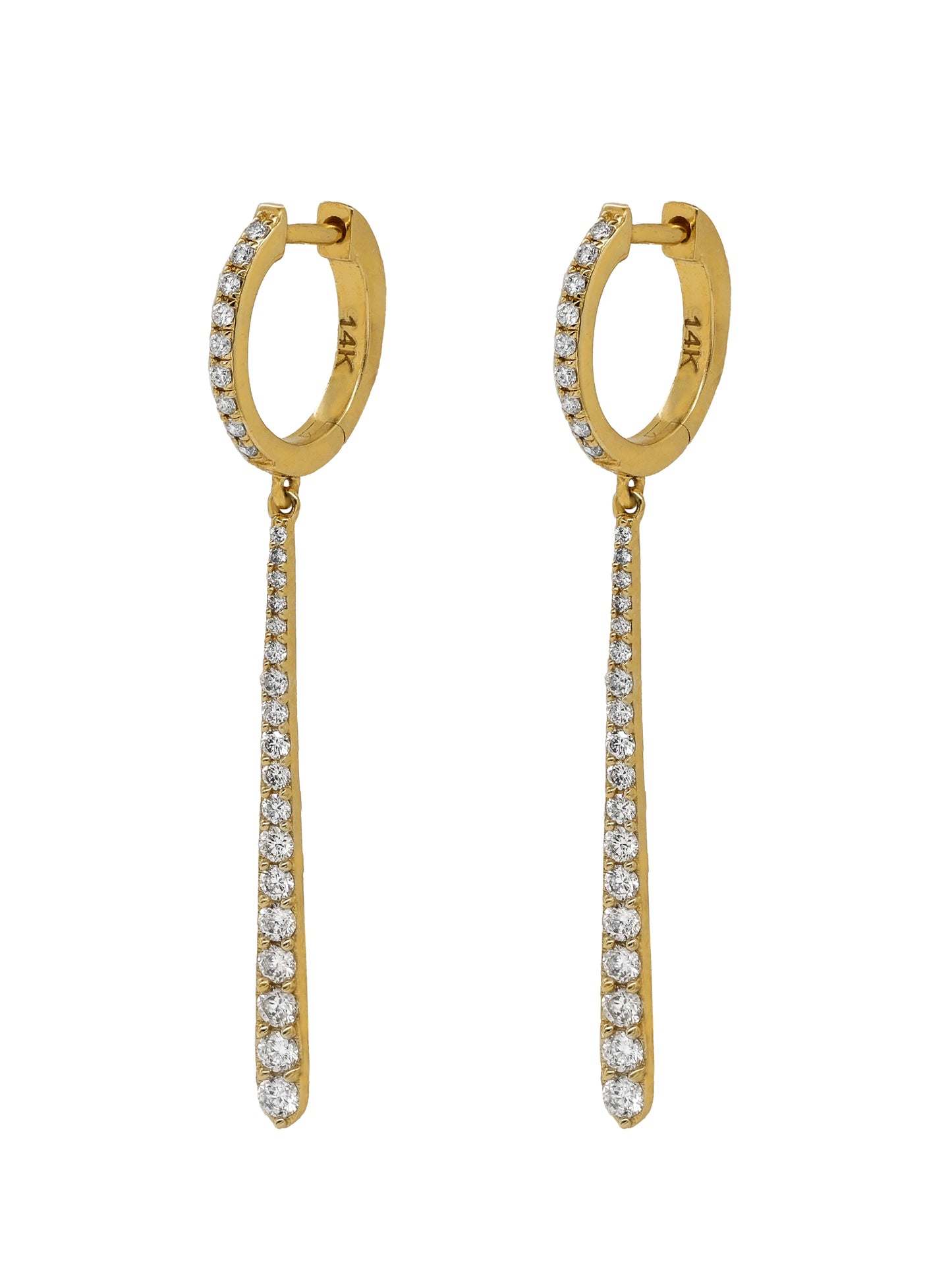 14k Yellow Gold Diamond Bar Drop Huggie Earrings