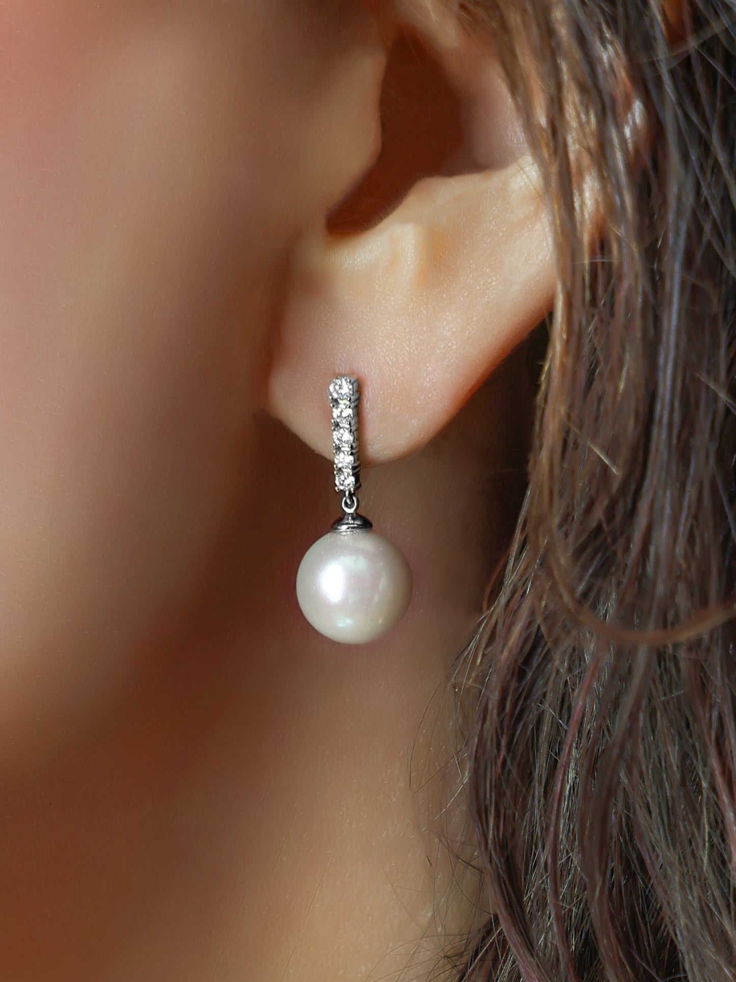 14k White Gold Large Pearl Diamond Bar Earrings