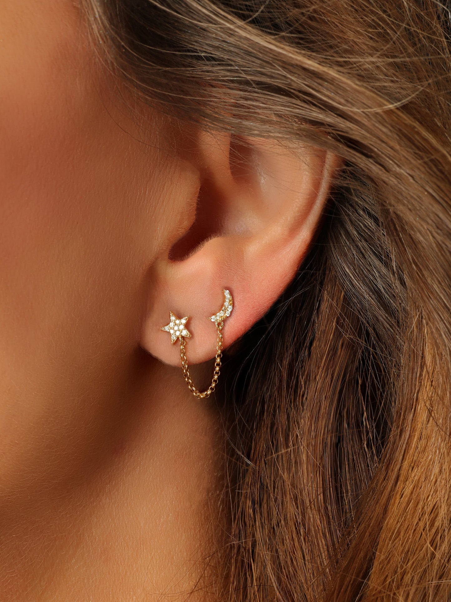 14k Yellow Gold Diamond Double Star/Moon Post Chain Earrings