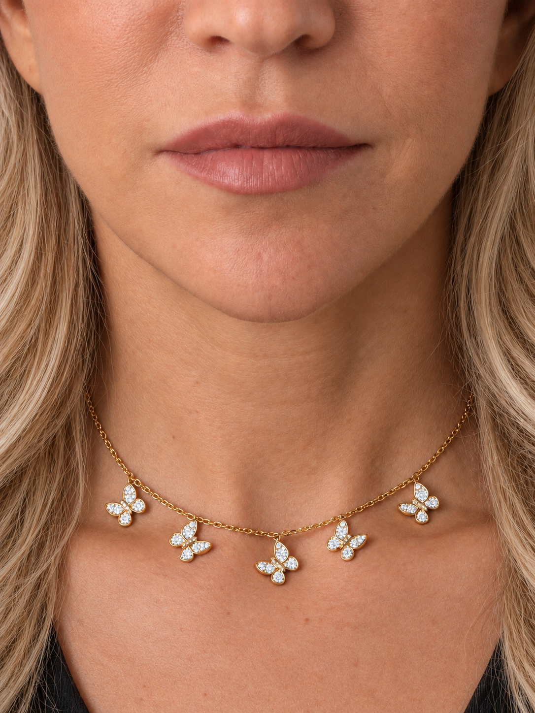 14k Yellow Gold Diamond 5 Dangle Butterfly Necklace