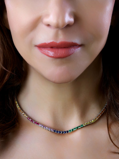 14k White Gold 4 Prong Rainbow Sapphire Tennis Necklace