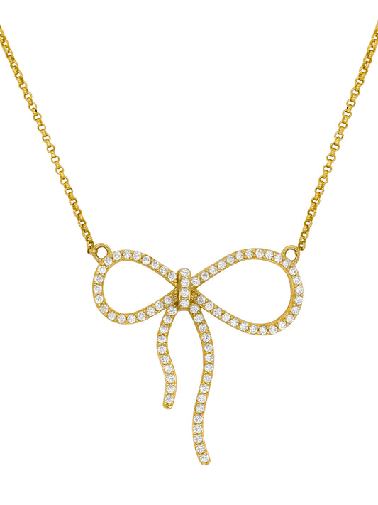 14k Yellow Gold Diamond Bow Necklace
