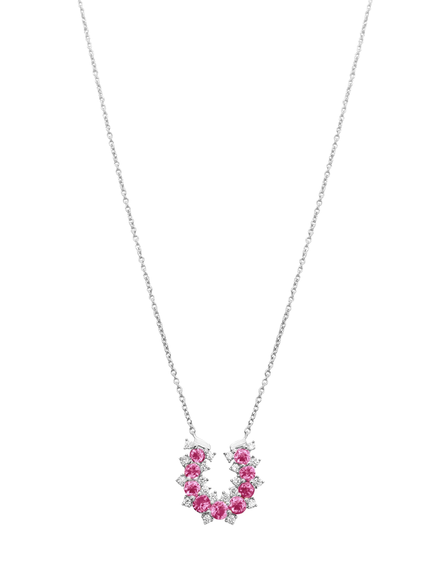 14k White Gold Diamond/Pink Sapphire Lucky Horseshoe Necklace