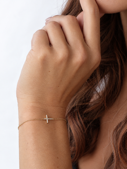 14k Yellow Gold Diamond Small Cross Bracelet