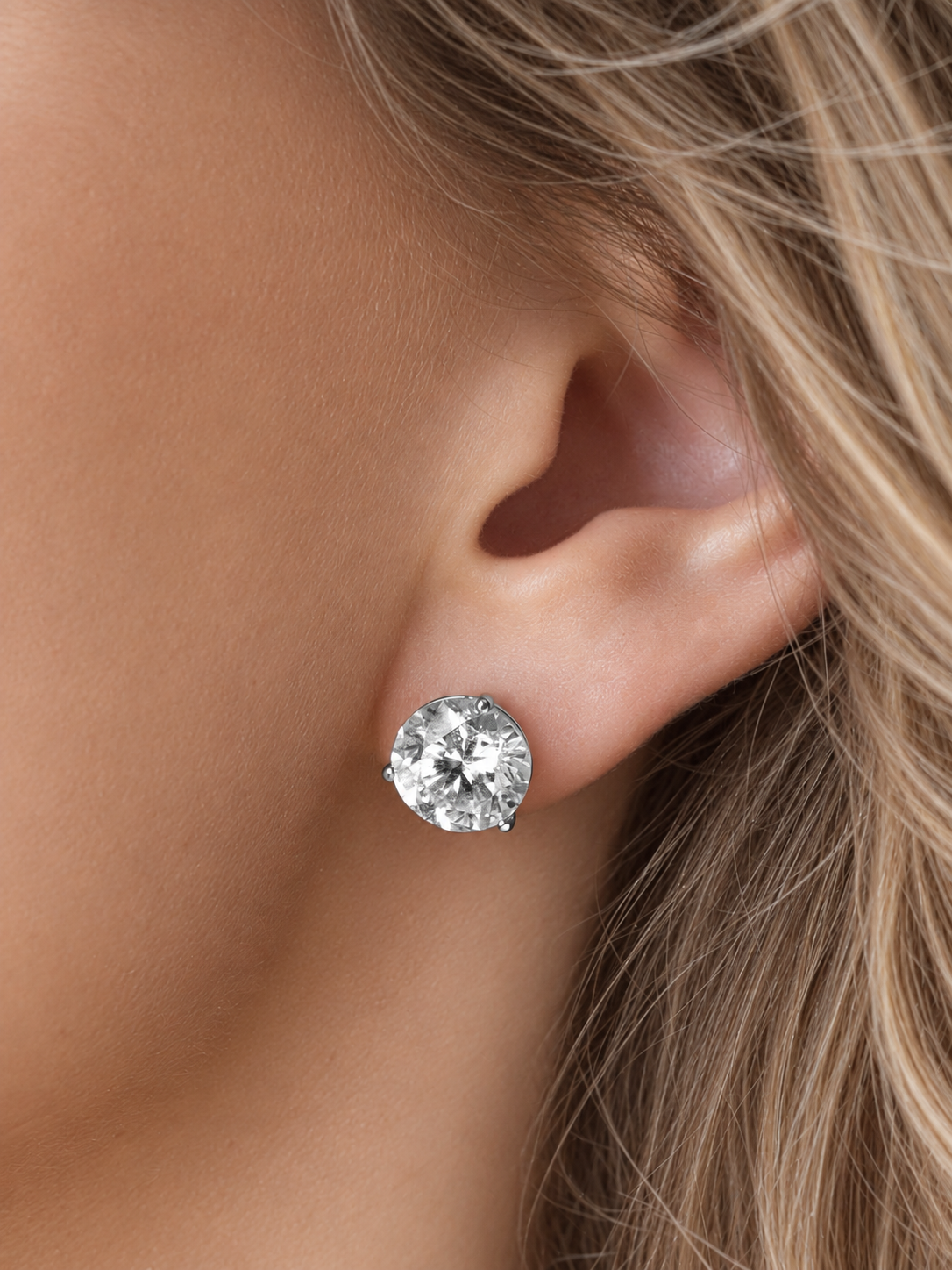 14k White Gold Lab Diamond Three Prong Martini Round Brilliant Stud Earrings