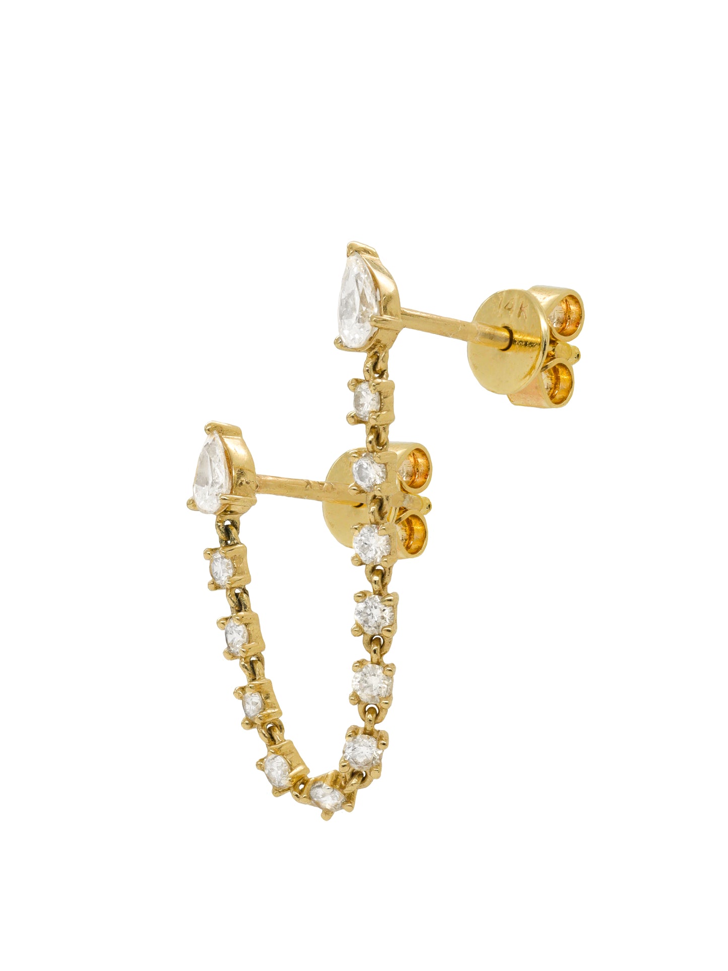 14k Yellow Gold Diamond Double Pear Post Chain Earrings
