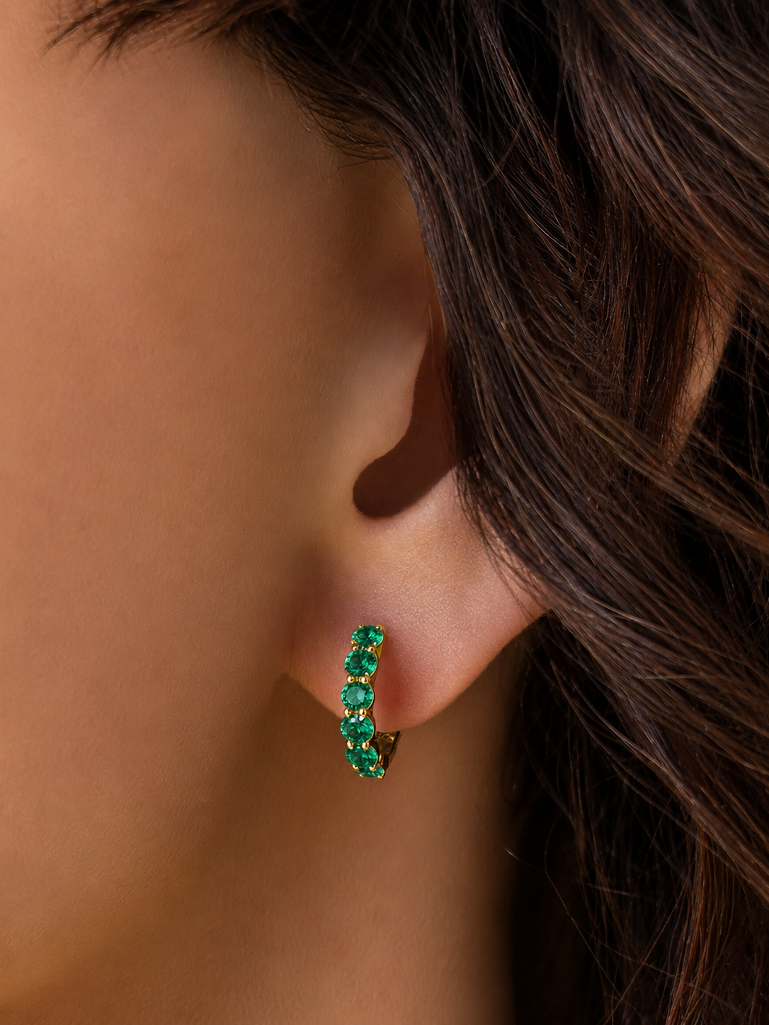 14k Yellow Gold Lab Emerald Huggie