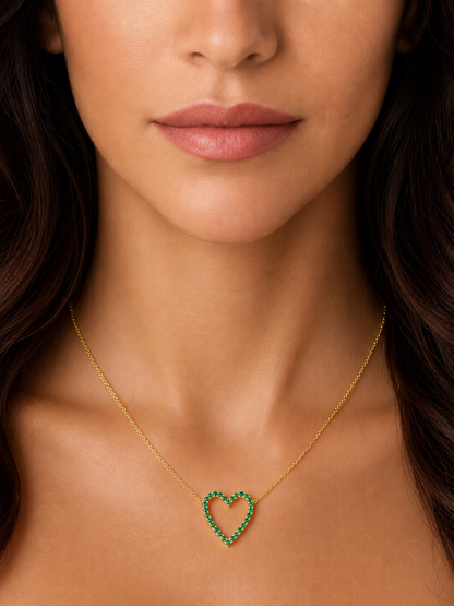 14k Yellow Gold Lab Emerald Open Heart Necklace