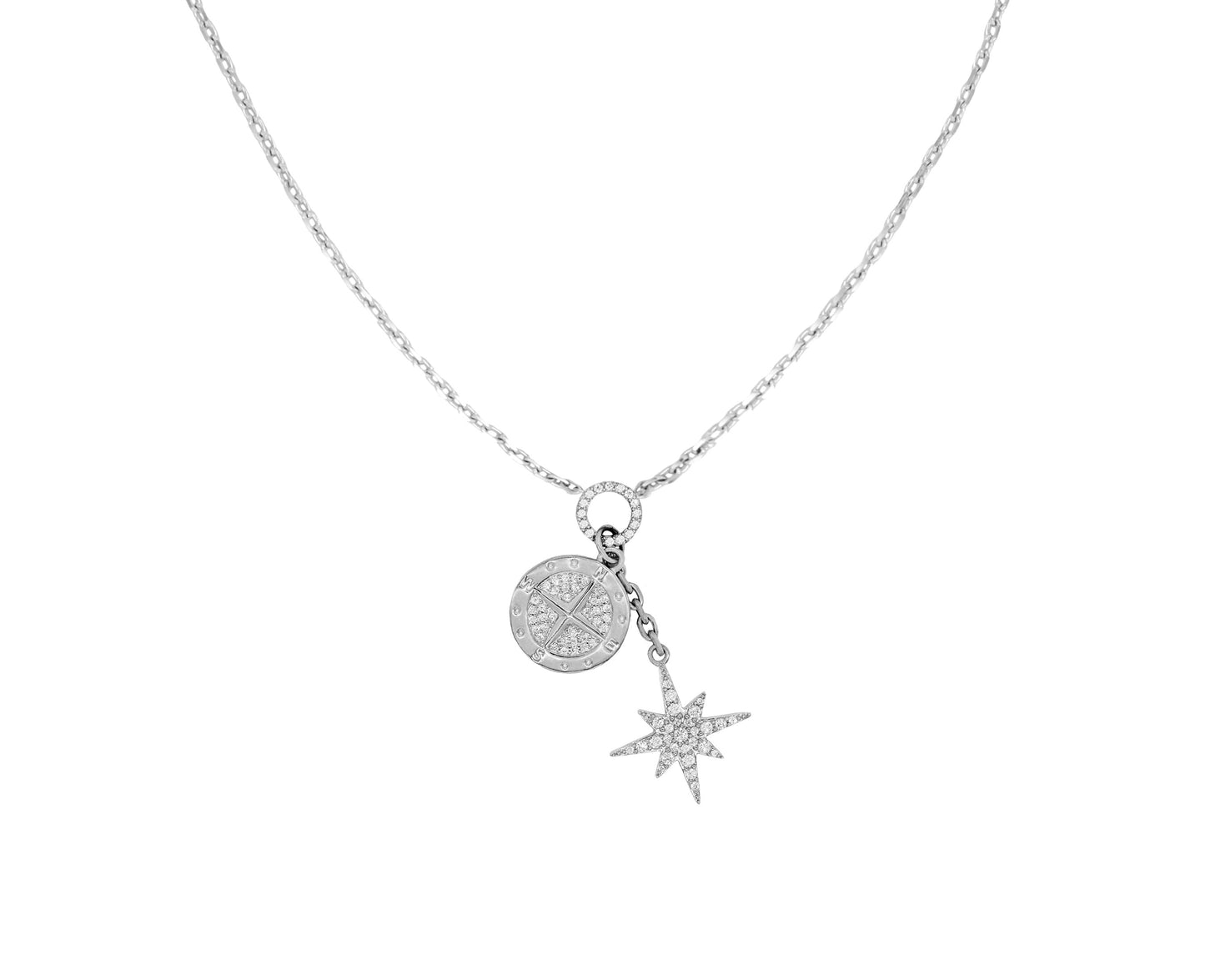 14k White Gold Diamond Compass North Star Charm Necklace