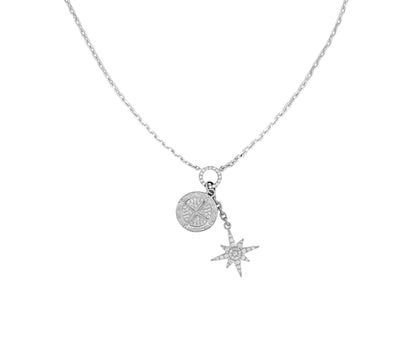 14k White Gold Diamond Compass North Star Charm Necklace