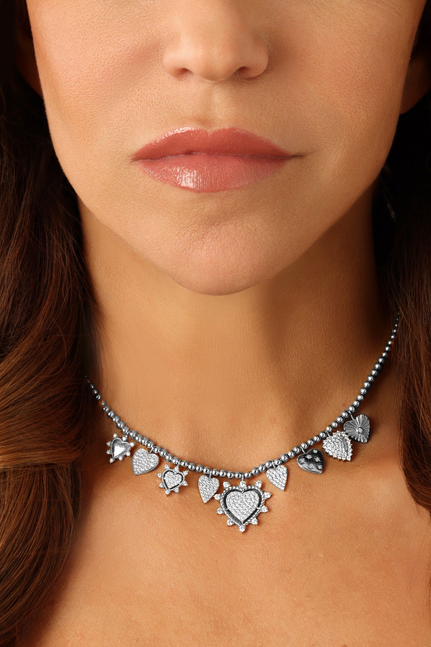 14k White Gold Diamond 9 Heart Charm Necklace