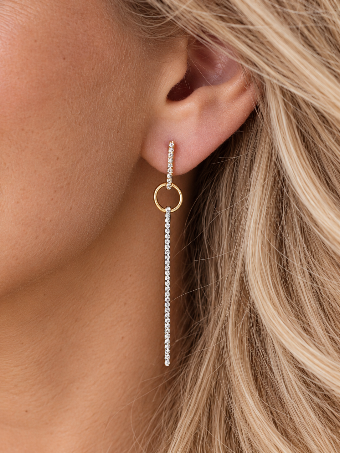 14k Yellow Gold Diamond Bar and Circle Drop Earrings