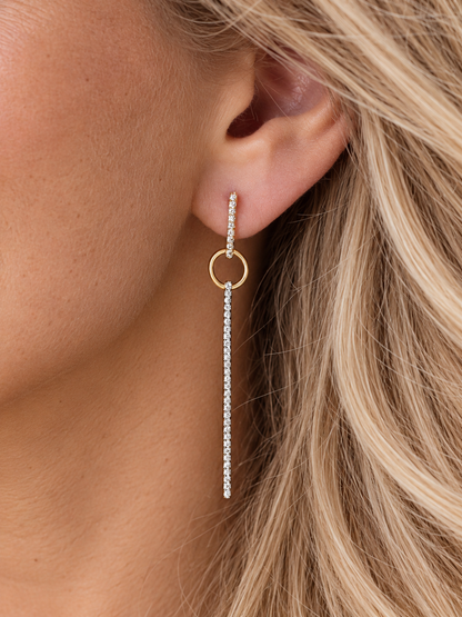 14k Yellow Gold Diamond Bar and Circle Drop Earrings