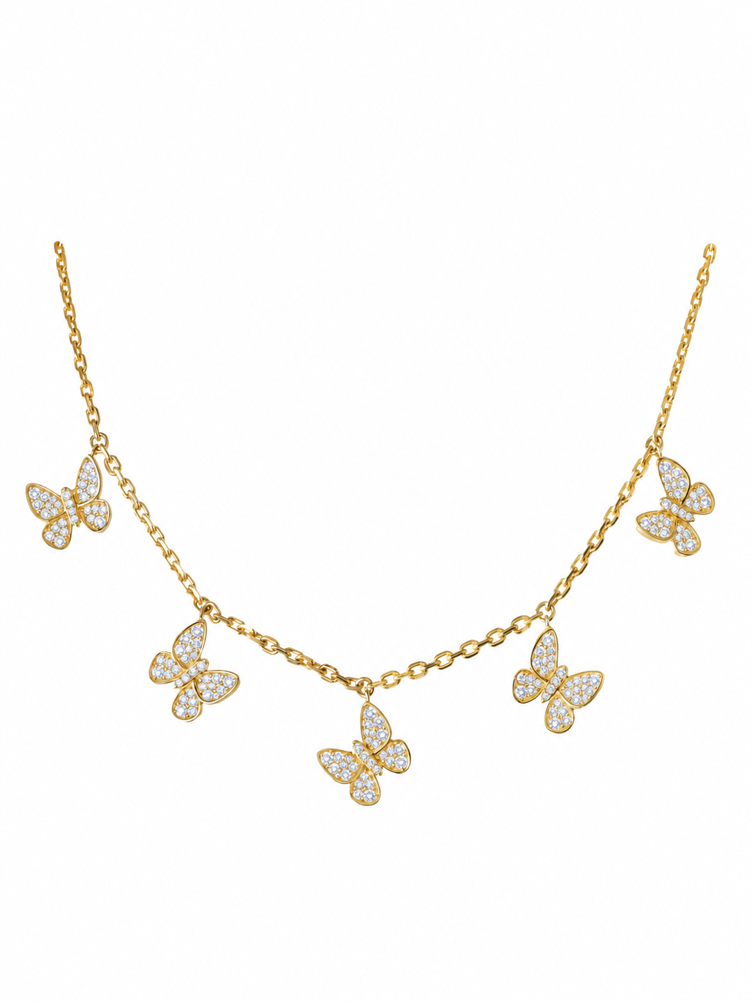 14k Yellow Gold Diamond 5 Dangle Butterfly Necklace