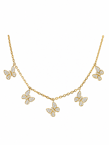14k Yellow Gold Diamond 5 Dangle Butterfly Necklace