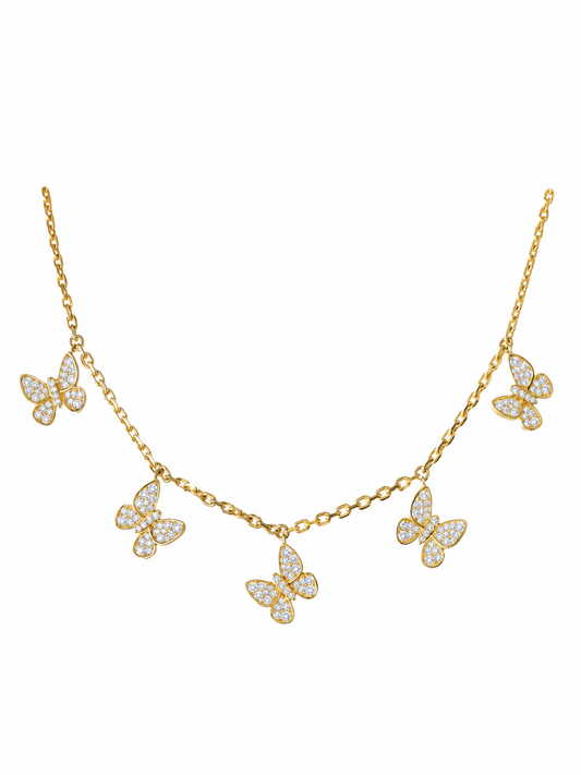 14k Yellow Gold Diamond 5 Dangle Butterfly Necklace
