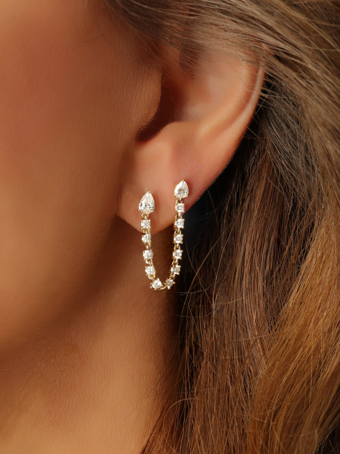 14k Yellow Gold Diamond Double Pear Post Chain Earrings