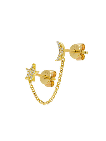 14k Yellow Gold Diamond Double Star/Moon Post Chain Earrings