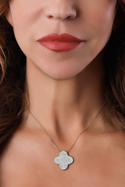 14k White Gold Diamond Large Clover Necklace