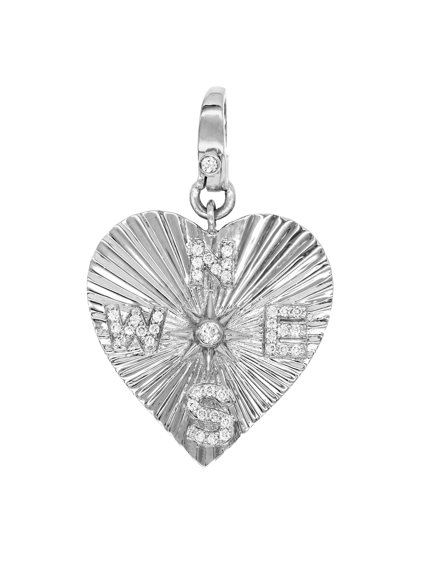 14k White Gold Diamond Compass Heart Lobster Clasp Charm