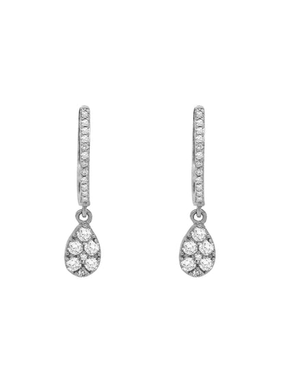14k White Gold Diamond Pear Dangle Huggie Earrings