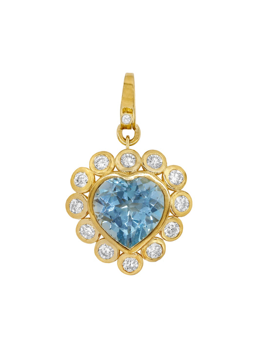 14k Yellow Gold Diamond/Blue Topaz Heart Lobster Clasp Charm