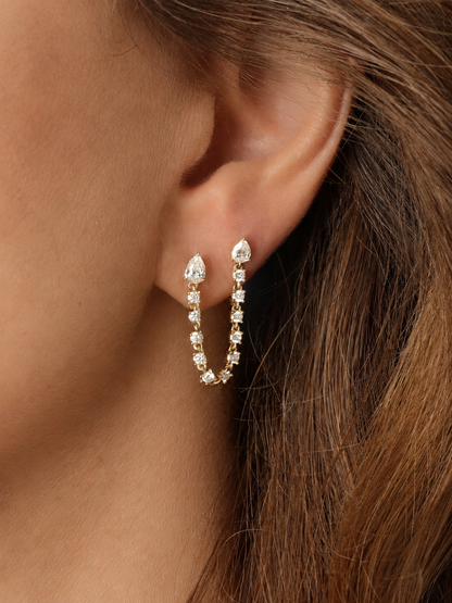 14k Yellow Gold Diamond Double Pear Post Chain Earrings