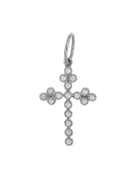 14k White Gold Diamond Clover Cross Charm