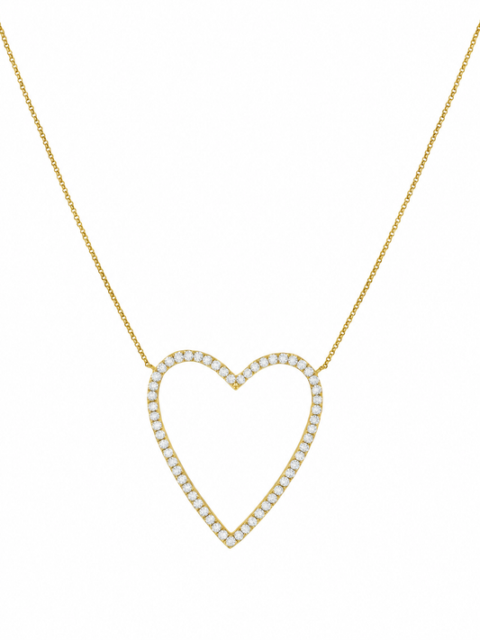 14k Yellow Gold Diamond Large Open Heart Necklace