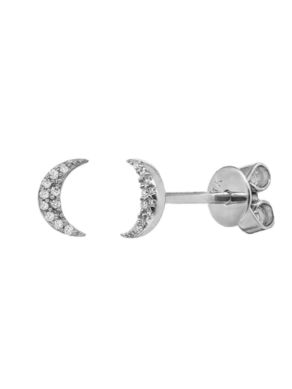14k White Gold Diamond Moon Stud Earrings
