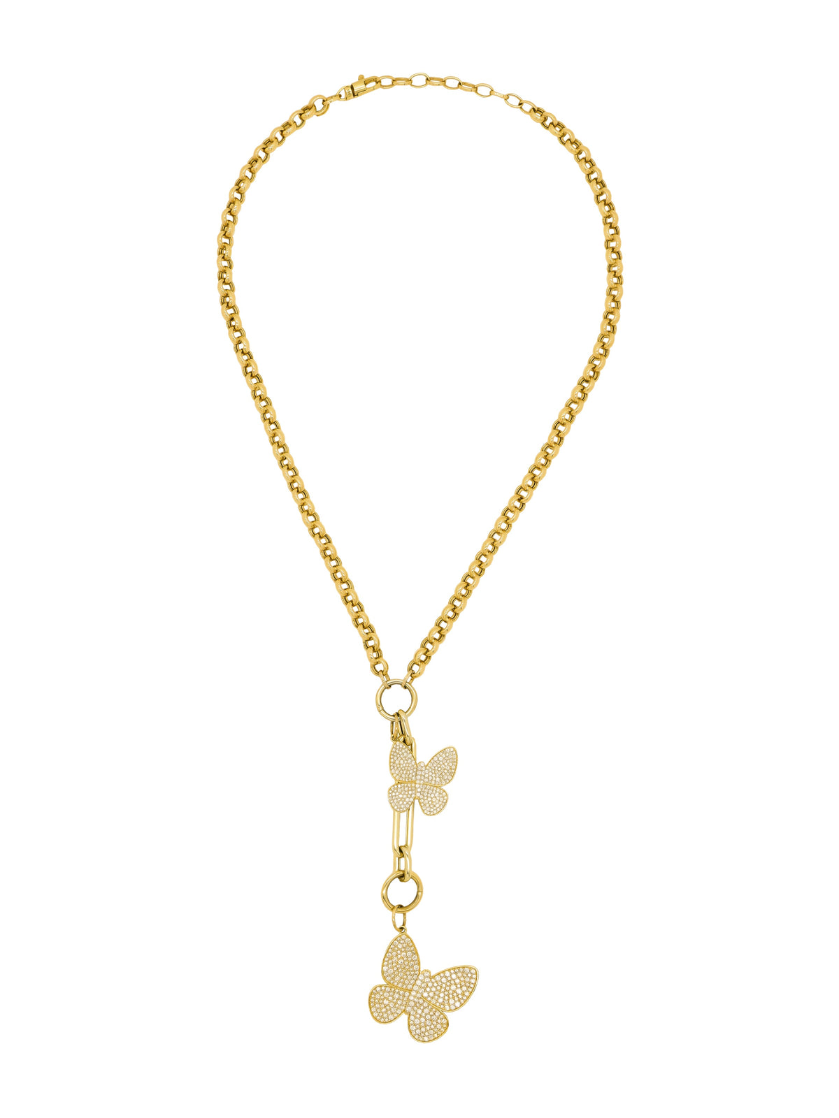 14k Yellow Gold Rolo Diamond Double Large Butterfly Charm Necklace