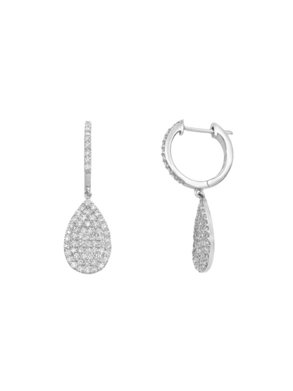 14k White Gold Pave Diamond Teardrop Huggie Earrings