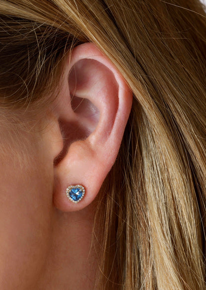 14k Yellow Gold Diamond Blue Topaz Heart Earrings