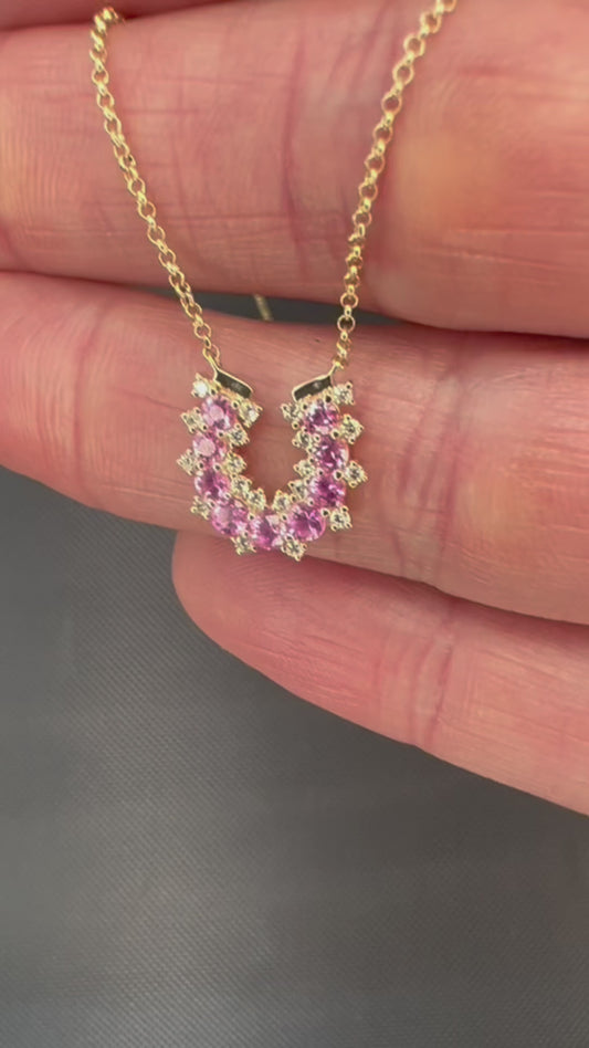 14k Yellow Gold Diamond/Pink Sapphire Lucky Horseshoe Necklace