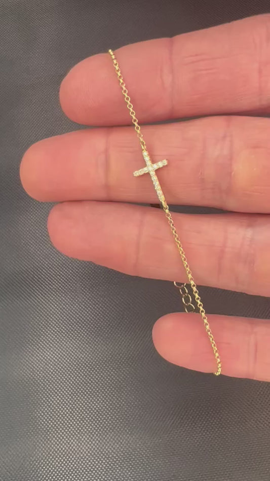 14k Yellow Gold Diamond Small Cross Bracelet
