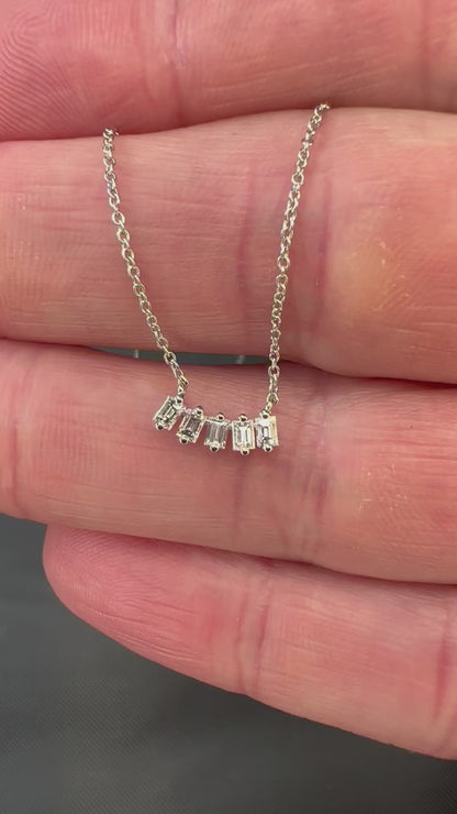 14k White Gold Baguette Diamond Bar Necklace