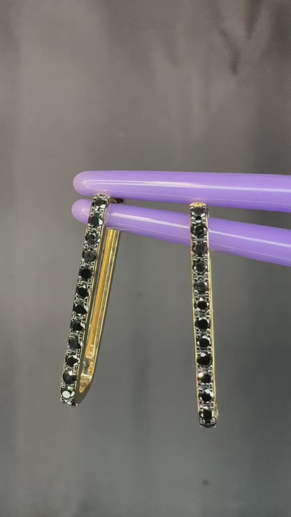 14k Yellow Gold Black Diamond Paperclip Hoop Earrings