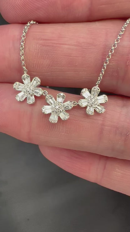 14k White Gold Diamond Baguette Daisy Necklace