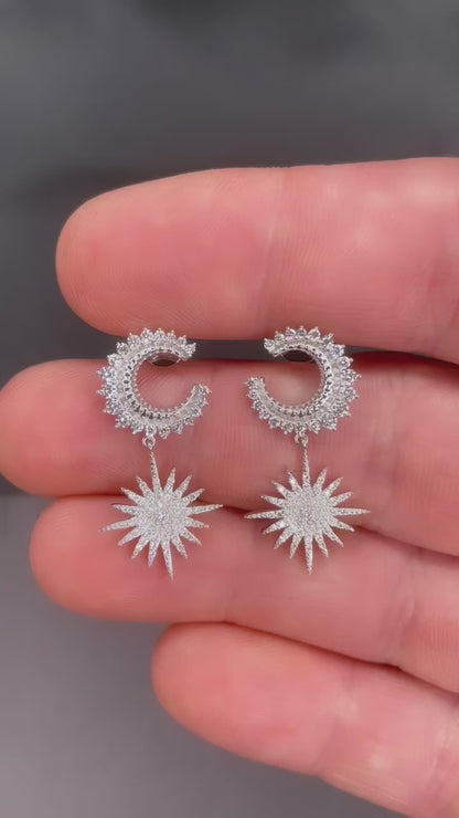 14k White Gold Diamond Celestial Moon and Star Earrings